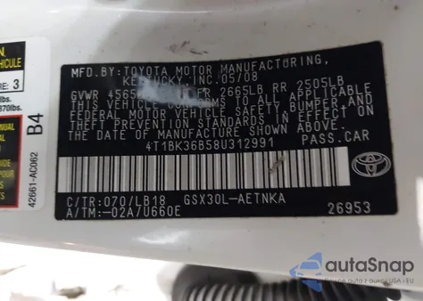 2008 Toyota Avalon Touring z USA, uszkodzony, nr VIN 4T1BK36B58U312991